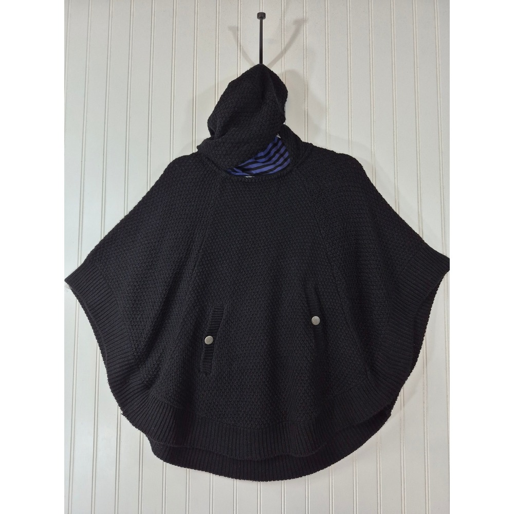 Promod Womens Black Knit Hooded Poncho Sweater Striped Hood Lining Size Medium